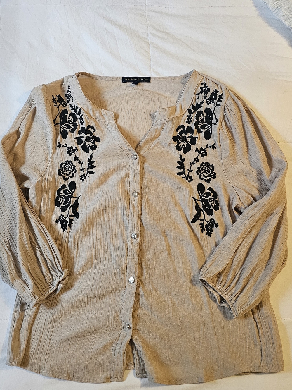 Adrienne Vittadini Beige Top with Black Floral Embroidery Guazy Materail Sz L